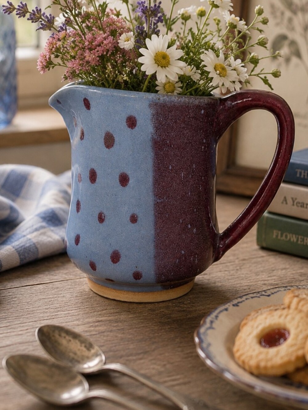 Handcrafted Pottery Blue and Burgundy Stoneware Pitcher Whimsical